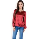 Red Large Women's Satin Blouse with Keyhole Neckline and Long Sleeves