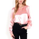 Pink Large Women's Satin Blouse with Keyhole Neckline and Long Sleeves