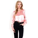 Pink Large Women's Satin Blouse with Keyhole Neckline and Long Sleeves