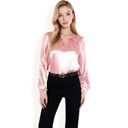 Pink Large Women's Satin Blouse with Keyhole Neckline and Long Sleeves