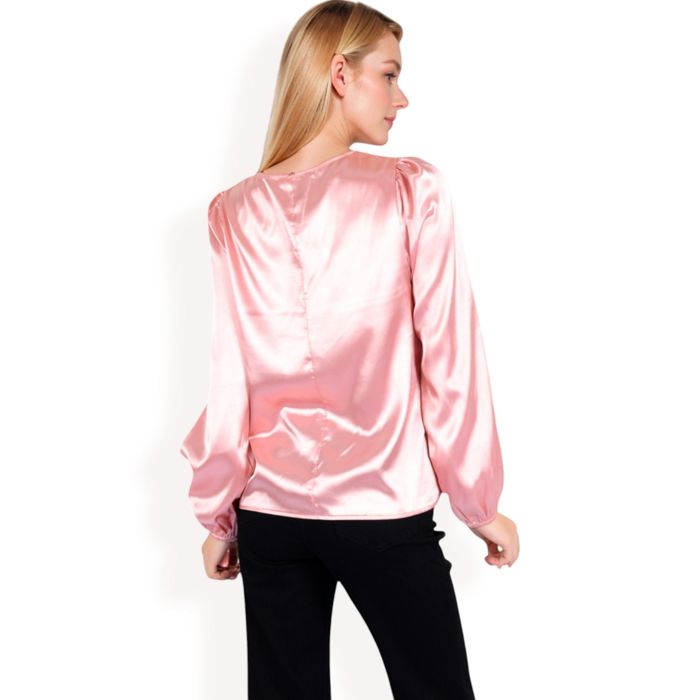 Women's Satin Blouse with Keyhole Neckline and Long Sleeves