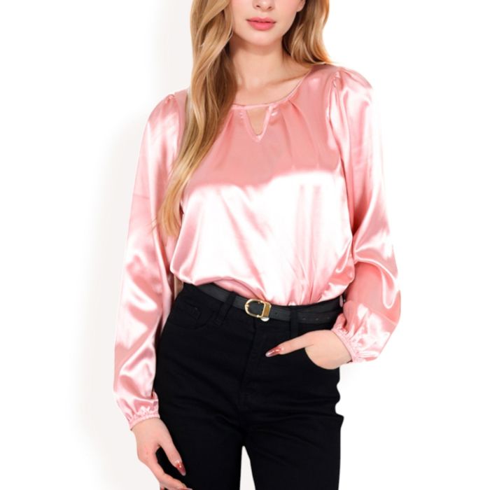 Women's Satin Blouse with Keyhole Neckline and Long Sleeves