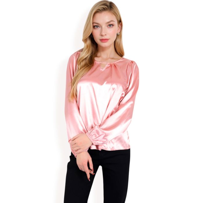 Women's Satin Blouse with Keyhole Neckline and Long Sleeves