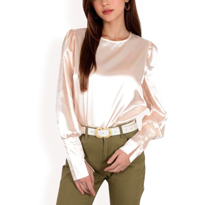 Women's Satin Long Sleeve Blouse with Buttoned Cuffs and Subtle Puff Shoulders