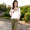 Beige Large Women's Satin Long Sleeve Blouse with Buttoned Cuffs and Subtle Puff Shoulders