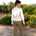 Beige Large Women's Satin Long Sleeve Blouse with Buttoned Cuffs and Subtle Puff Shoulders