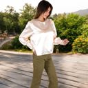 Beige Large Women's Satin Long Sleeve Blouse with Buttoned Cuffs and Subtle Puff Shoulders