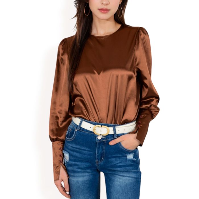 Women's Satin Long Sleeve Blouse with Buttoned Cuffs and Subtle Puff Shoulders