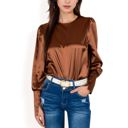 Brown Large Women's Satin Long Sleeve Blouse with Buttoned Cuffs and Subtle Puff Shoulders