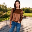 Brown Large Women's Satin Long Sleeve Blouse with Buttoned Cuffs and Subtle Puff Shoulders