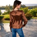 Brown Large Women's Satin Long Sleeve Blouse with Buttoned Cuffs and Subtle Puff Shoulders