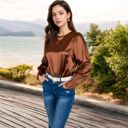 Brown Large Women's Satin Long Sleeve Blouse with Buttoned Cuffs and Subtle Puff Shoulders