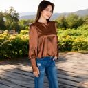 Brown Large Women's Satin Long Sleeve Blouse with Buttoned Cuffs and Subtle Puff Shoulders