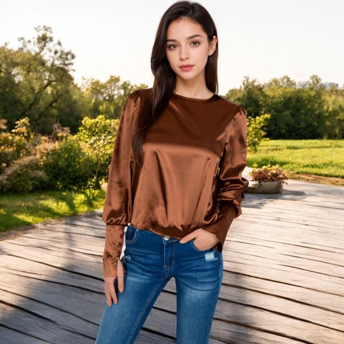 Women's Satin Long Sleeve Blouse with Buttoned Cuffs and Subtle Puff Shoulders