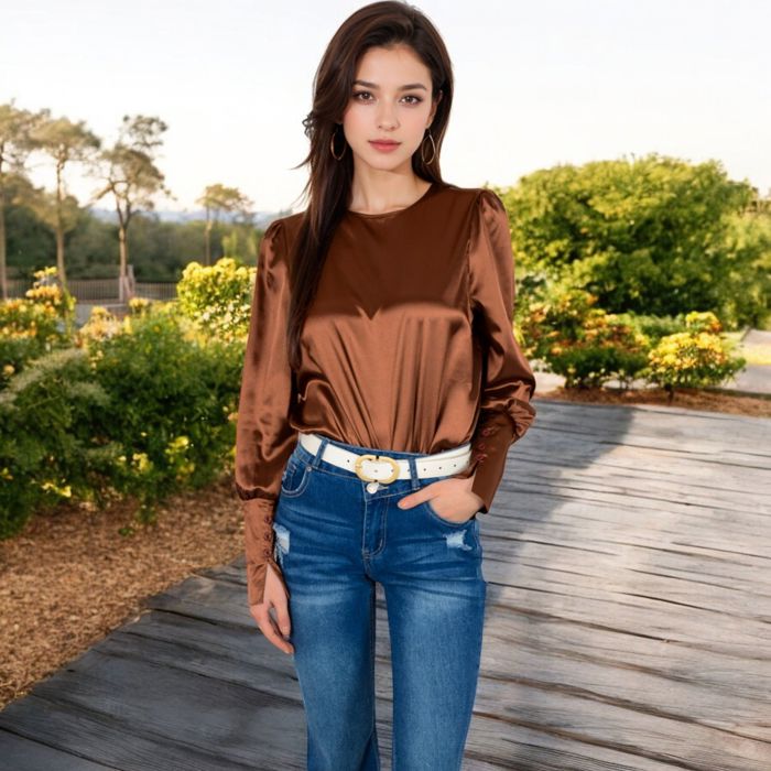 Women's Satin Long Sleeve Blouse with Buttoned Cuffs and Subtle Puff Shoulders