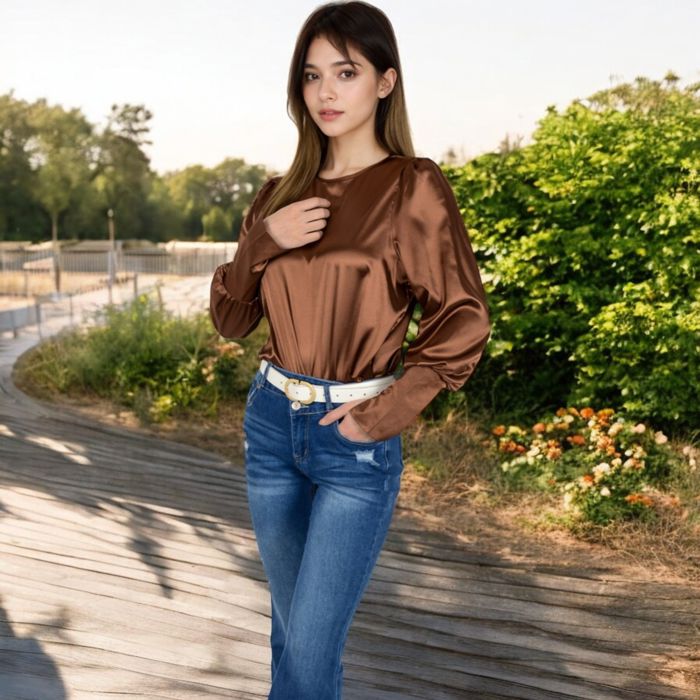 Women's Satin Long Sleeve Blouse with Buttoned Cuffs and Subtle Puff Shoulders