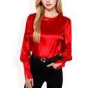 Red Large Women's Satin Long Sleeve Blouse with Buttoned Cuffs and Subtle Puff Shoulders