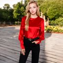 Red Large Women's Satin Long Sleeve Blouse with Buttoned Cuffs and Subtle Puff Shoulders