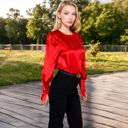 Red Large Women's Satin Long Sleeve Blouse with Buttoned Cuffs and Subtle Puff Shoulders