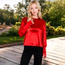 Red Large Women's Satin Long Sleeve Blouse with Buttoned Cuffs and Subtle Puff Shoulders