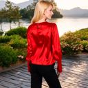 Red Large Women's Satin Long Sleeve Blouse with Buttoned Cuffs and Subtle Puff Shoulders