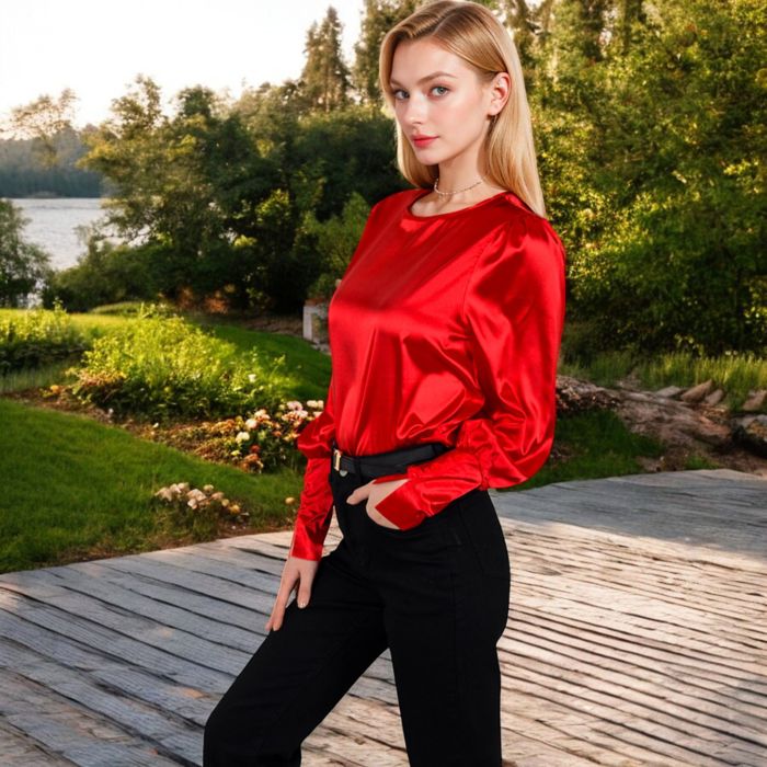 Women's Satin Long Sleeve Blouse with Buttoned Cuffs and Subtle Puff Shoulders