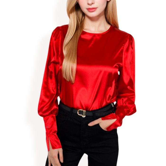 Women's Satin Long Sleeve Blouse with Buttoned Cuffs and Subtle Puff Shoulders