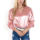  Women's Satin Long Sleeve Blouse with Decorative Buttons and V-Neckline