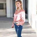 Pink Large Women's Satin Long Sleeve Blouse with Decorative Buttons and V-Neckline