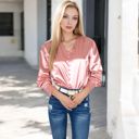 Pink Large Women's Satin Long Sleeve Blouse with Decorative Buttons and V-Neckline