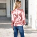 Pink Large Women's Satin Long Sleeve Blouse with Decorative Buttons and V-Neckline