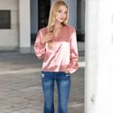 Pink Large Women's Satin Long Sleeve Blouse with Decorative Buttons and V-Neckline