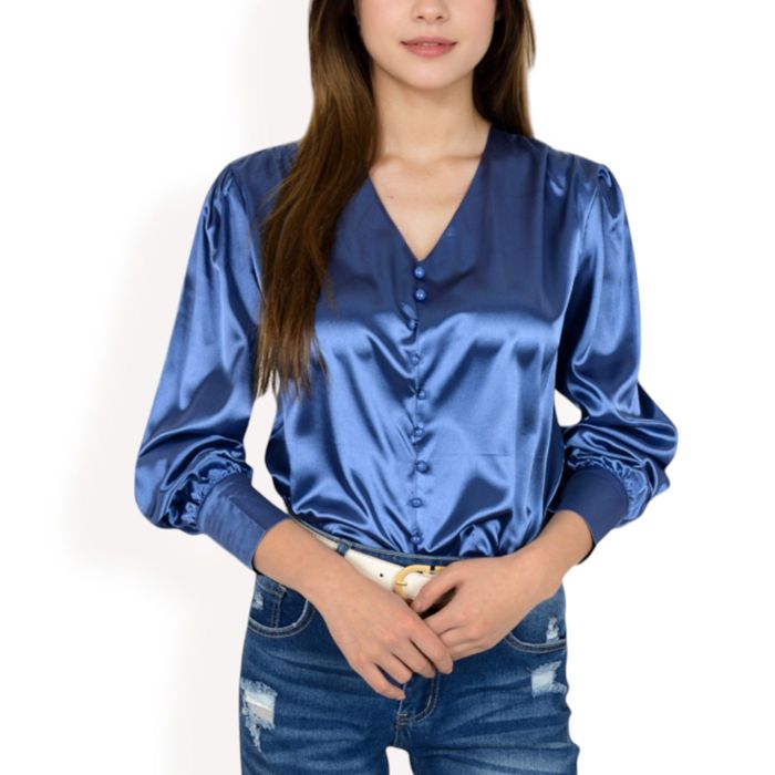 Women's Satin Long Sleeve Blouse with Decorative Buttons and V-Neckline