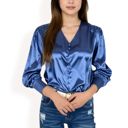 Blue Large Women's Satin Long Sleeve Blouse with Decorative Buttons and V-Neckline