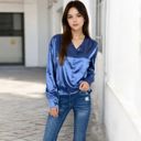 Blue Large Women's Satin Long Sleeve Blouse with Decorative Buttons and V-Neckline