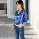 Blue Large Women's Satin Long Sleeve Blouse with Decorative Buttons and V-Neckline