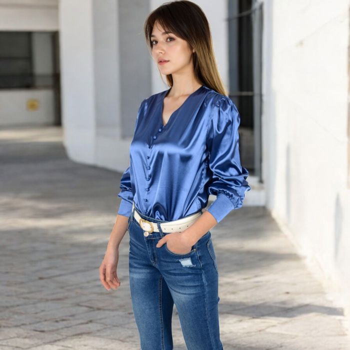 Women's Satin Long Sleeve Blouse with Decorative Buttons and V-Neckline