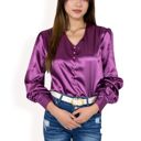 Purple Large Women's Satin Long Sleeve Blouse with Decorative Buttons and V-Neckline