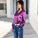 Purple Large Women's Satin Long Sleeve Blouse with Decorative Buttons and V-Neckline