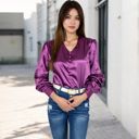 Purple Large Women's Satin Long Sleeve Blouse with Decorative Buttons and V-Neckline