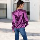 Purple Large Women's Satin Long Sleeve Blouse with Decorative Buttons and V-Neckline