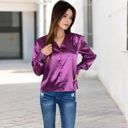 Purple Large Women's Satin Long Sleeve Blouse with Decorative Buttons and V-Neckline