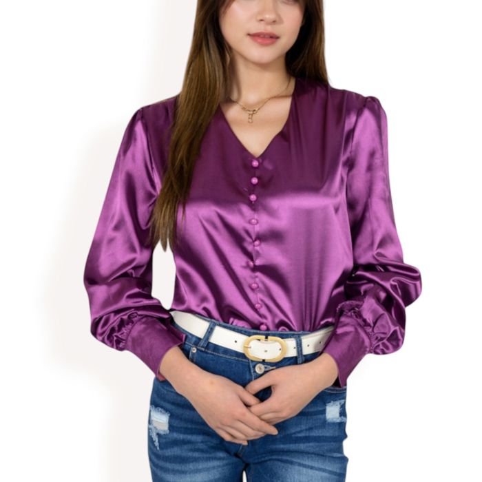 Women's Satin Long Sleeve Blouse with Decorative Buttons and V-Neckline