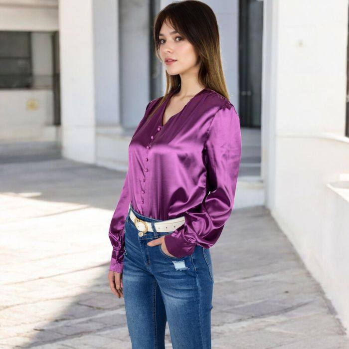 Women's Satin Long Sleeve Blouse with Decorative Buttons and V-Neckline