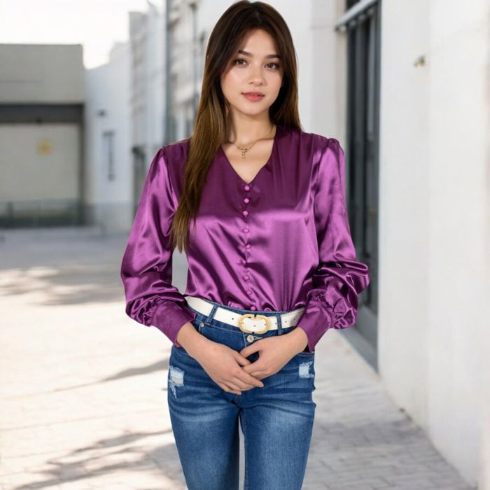 Women's Satin Long Sleeve Blouse with Decorative Buttons and V-Neckline