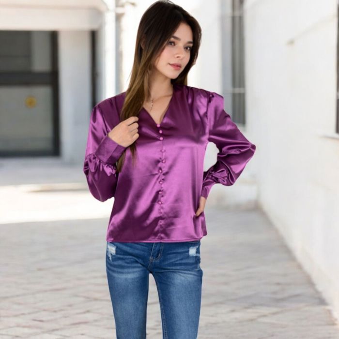 Women's Satin Long Sleeve Blouse with Decorative Buttons and V-Neckline