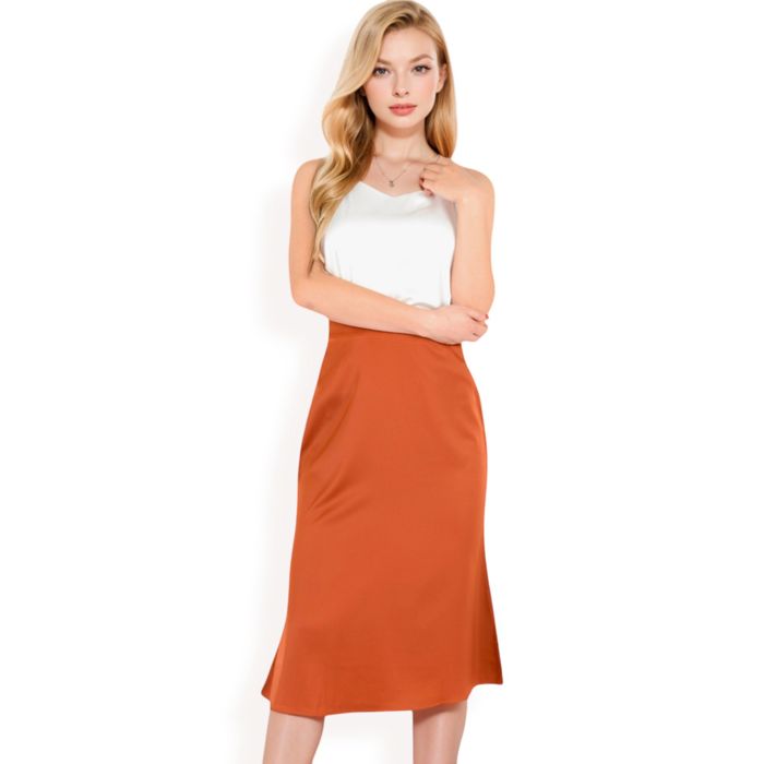 Women's Satin Midi Skirt With A-Line Silhouette And Elastic Waistband