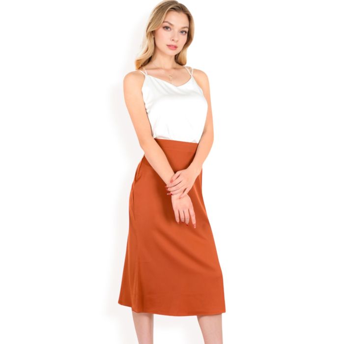 Women's Satin Midi Skirt With A-Line Silhouette And Elastic Waistband