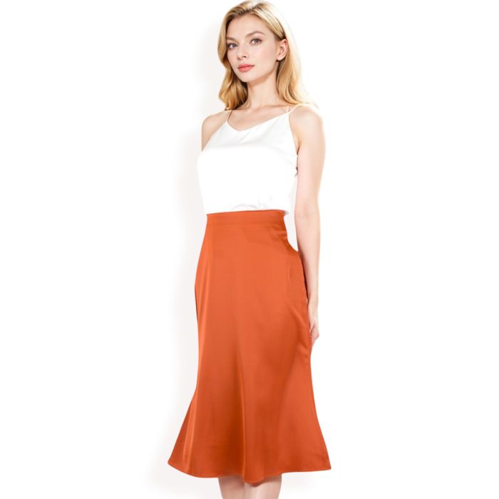 Women's Satin Midi Skirt With A-Line Silhouette And Elastic Waistband