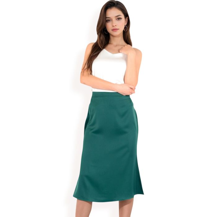 Women's Satin Midi Skirt With A-Line Silhouette And Elastic Waistband